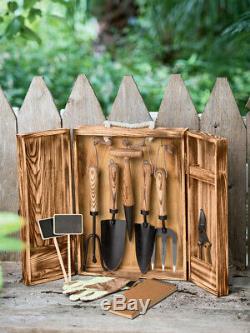 9 Piece Collection Garden Tools Set Cultivator, Trowels, Fork in Wood Box