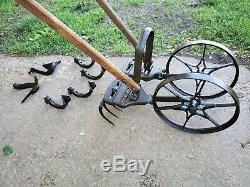 Antique Planet Jr. Double Wheel Hoe Cultivator with Attachments Garden Tool