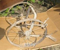 Vintage Antique Hand Push Garden Cultivator Wheels, Handle-chisel Bracket